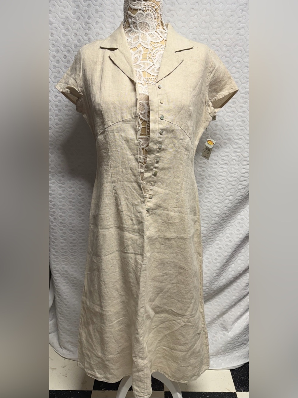 Talbots Cream Short-Sleeve Linen Midi Dress with Button Front